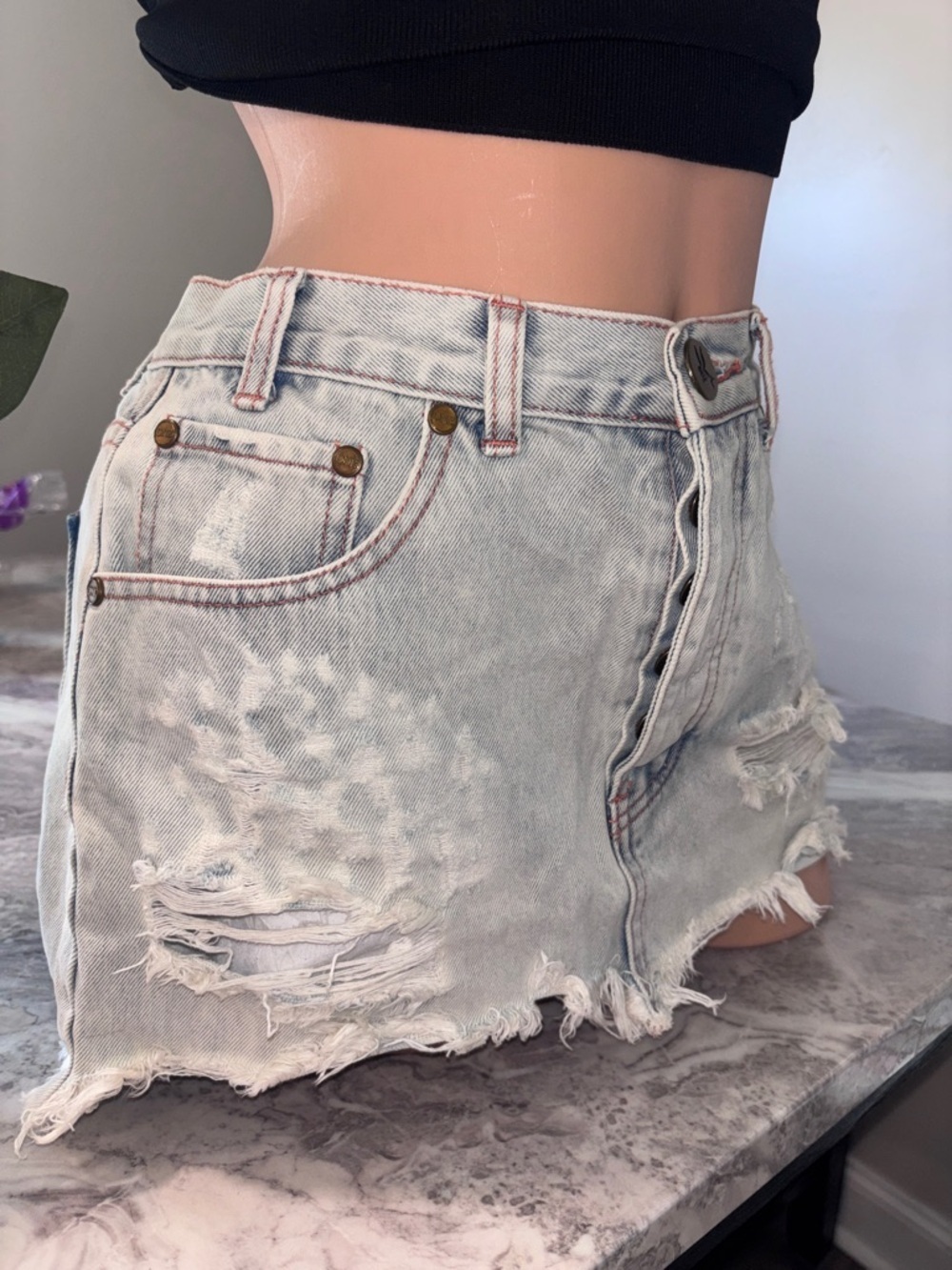 One Teaspoon X junkyard Faded Light Blue Distressed Denim Mini Skirt acid wash
